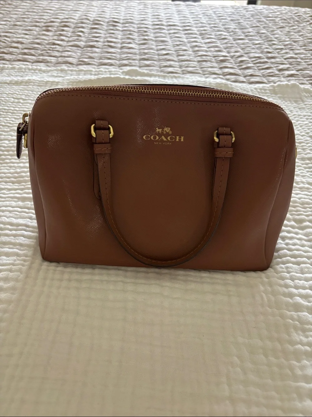 COACH Tan/Brown Leather Dome Satchel with Gold Hardware